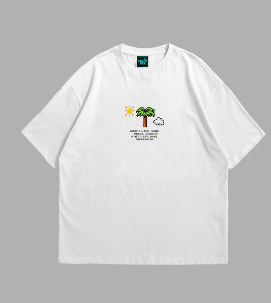 Camiseta blanca Zouth Life con ilustración retro 8bit pecho. vistra frontal
