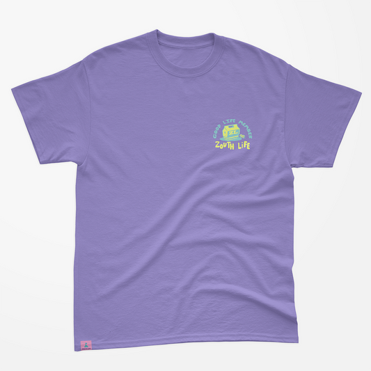 Camiseta color Malva Zouth Life con ilustración retro de un logo de nevera en pecho. vista frontal