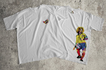 Camiseta Valderrama Blanca con vista frontal y trasero con estampado frontal detalle y trasero