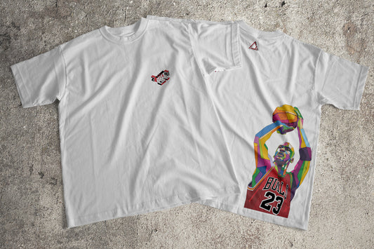 Camiseta blanca Zouth Life de Michael Jordan, vista frontal logo minimalista + vista trasera estampado espalda