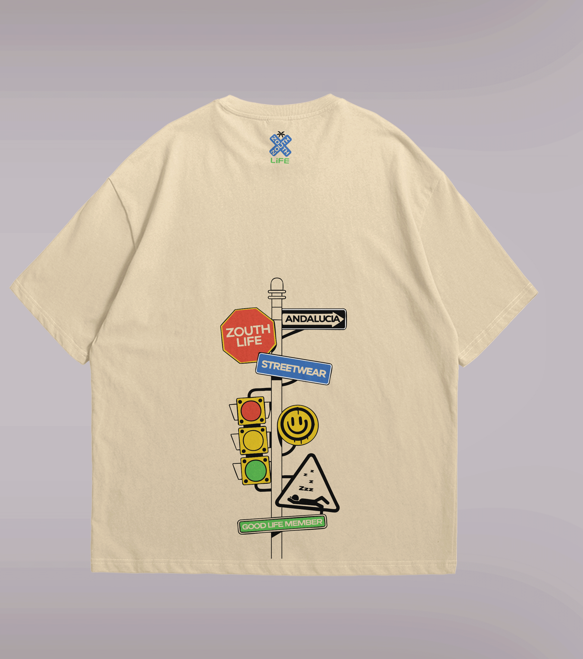 Camiseta oversize ivory Zouth Life con estampado en espalda señales de tráfico y logo nuca. vista trasera