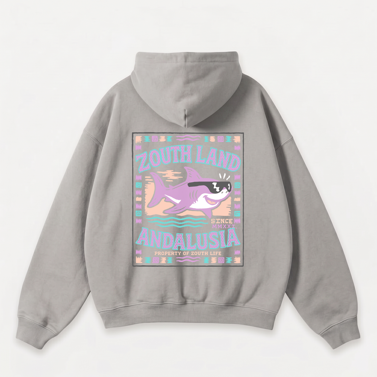 Sudadera oversize gris silver Sharky 320g diseño espalda Zouth Land Andalusia streetwear