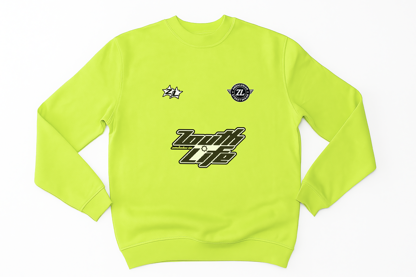 Sudadera color lima con el logotipo central de Zouth Life + logo pecho relieve+ logo zl izquierdo, estilo crewneck minimalista. vista frontal