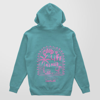 Sudadera en color azul piscina con estampado en espalda color rosa. vista trasera