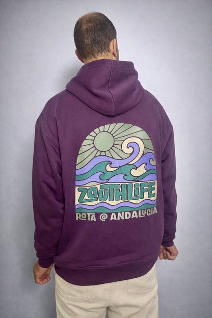 Sudadera Oversize Waves Berenjena, inspiración marítima y diseño de ondas, vista trasera ESTUDIO