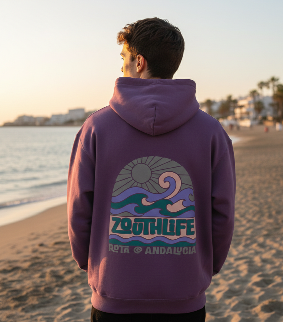 Sudadera Oversize Waves Berenjena, inspiración marítima y diseño de ondas, vista trasera1