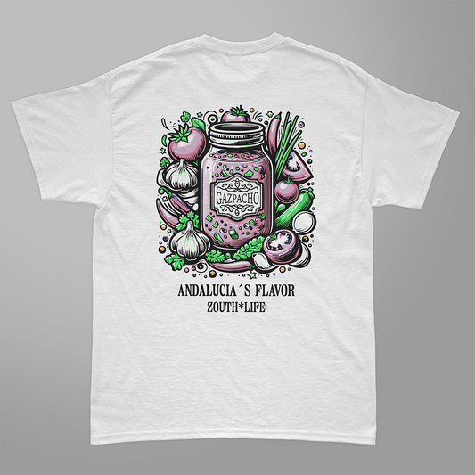 Camiseta blanca Zouth Life con diseño Pop Art de un bote  de gazpacho andaluz. vista trasera