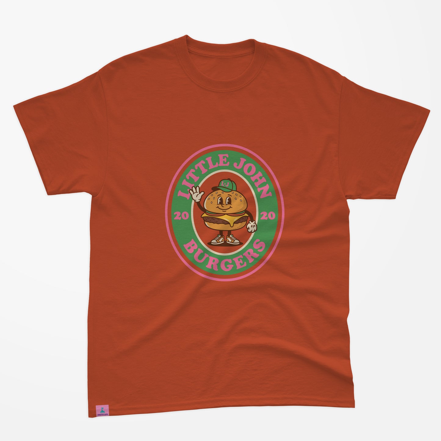 Camiseta little burger color terracota con logo circular estilo universitario retro con hamburguesa Little John