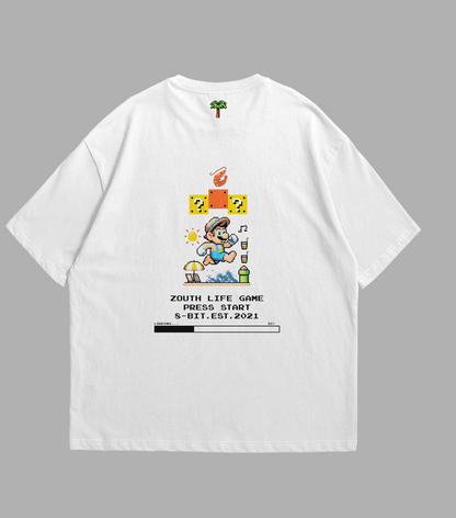 Camiseta blanca Zouth Life con ilustración retro de Mario en la playa vista trasera