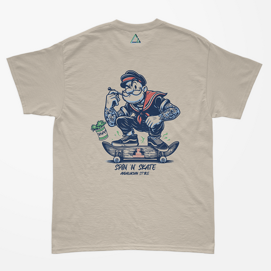 Camiseta beige Zouth Life modelo Skate Strength con ilustración de Popeye skater en la espalda, estilo streetwear retro
