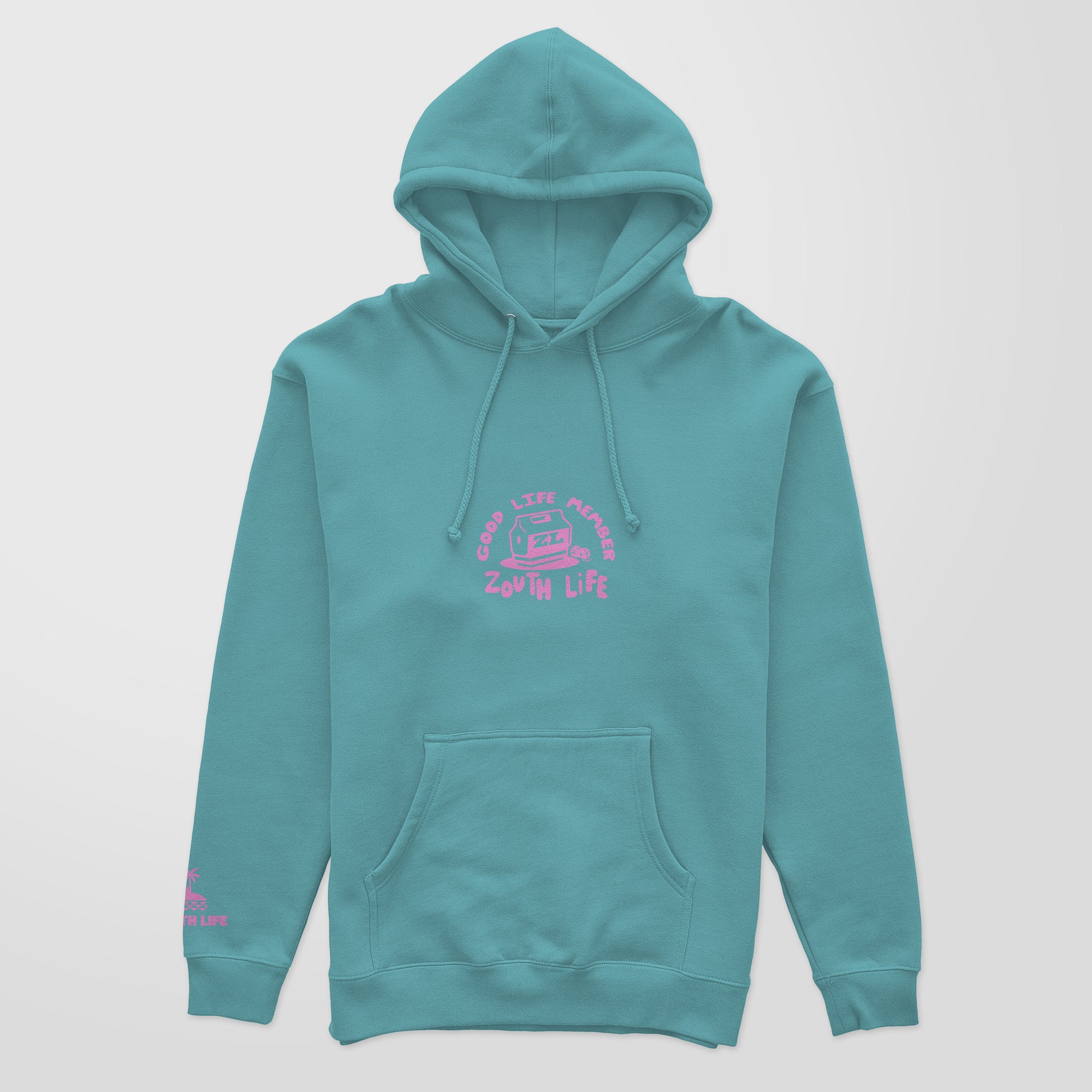 Sudadera neverita color azul piscina, diseño estampado en pecho. color rosa. vista frontal